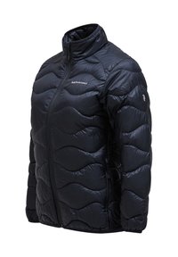 Gewatteerde, ritsjack in donker marineblauw met een geborduurd golfpatroon, hoge kraag en glad, glanzend stof. Heeft een logo op de borst.