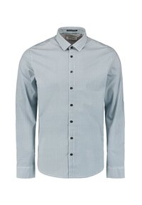 Chemise à manches longues bleu clair avec un petit motif géométrique, col boutonné et boutons foncés. Le tissu semble lisse et respirant.