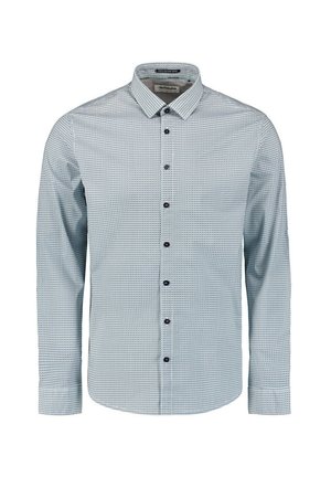 Lichtblauw overhemd met lange mouwen, voorzien van een klein geometrisch patroon, met een button-down kraag en donkere knopen. De stof lijkt soepel en ademend te zijn.