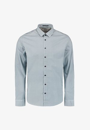 Lichtblauw overhemd met lange mouwen, voorzien van een klein geometrisch patroon, met een button-down kraag en donkere knopen. De stof lijkt soepel en ademend te zijn.