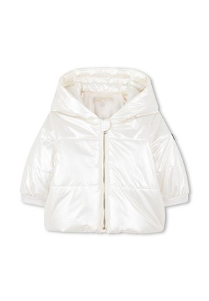 White puffer jacket with a shiny finish, oversized hood, and front zipper closure. Features elastic cuffs and puffed sleeves for warmth.