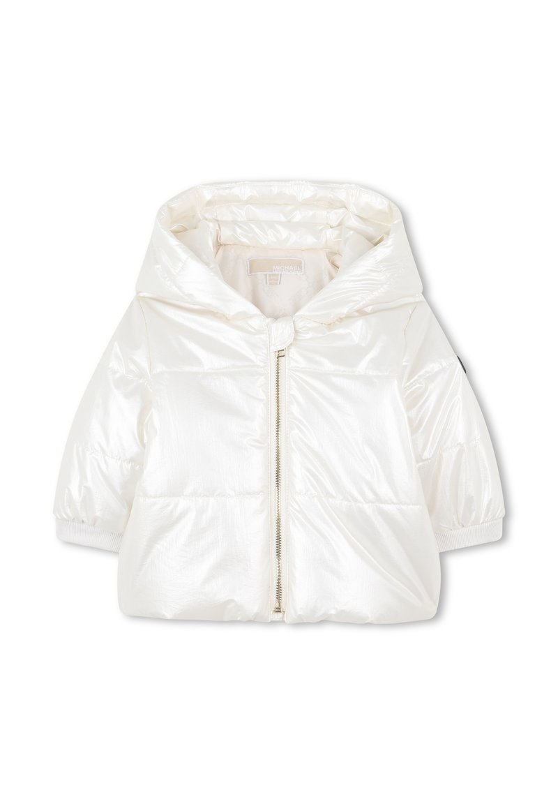 White puffer jacket with a shiny finish, oversized hood, and front zipper closure. Features elastic cuffs and puffed sleeves for warmth.