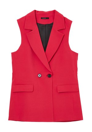 Roter ärmelloser Blazer mit Reverskragen, doppelter Knopfverschluss und zwei vorderen Taschen mit einem schwarzen Innenfutter.