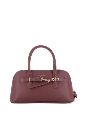 Bolso de cuero burdeos oscuro con asas dobles, detalle de hebilla en tono dorado y pequeño logo de la marca en el frente, sobre un fondo blanco.