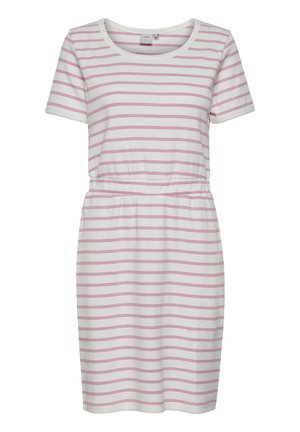 Dryžuota suknelė balta ir šviesiai rožinė. Pagaminta iš minkštos medžiagos, su apvalia iškirpte, trumpomis rankovėmis ir elastinga juosmena, suteikiančia prigludusio silueto.