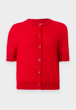 Red short-sleeve cardigan made of soft fabric, featuring a round neckline and six matching buttons down the front.