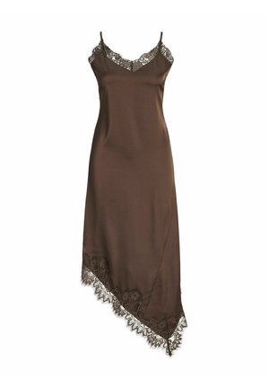 Brown satin slip dress with lace trim on V-neckline, asymmetrical hem, and adjustable thin shoulder straps.