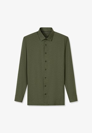 Langärmeliges olivgrünes Hemd aus strukturiertem Stoff mit Knopfleiste, dunklen Knöpfen und klassischem Kragen.