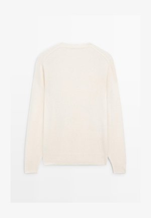 Sweter w kolorze kremowym, dziany, z okrągłym dekoltem, długimi rękawami raglanowymi oraz ściągaczami przy rękawach i u dołu, zapewniający przytulną, miękką teksturę.