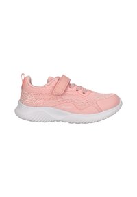 Rosa Athleticschuh mit strukturiertem Mesh- und Synthetikoberteil, Velcro-Riemen und einer weißen, gepolsterten Sohle mit Wellenmuster.