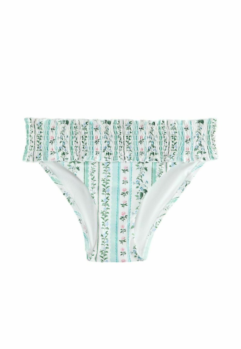 Bas de bikini à imprimé floral avec une taille élastique froncée. Présente des rayures bleu clair, rose et vert, fabriqué en tissu extensible.