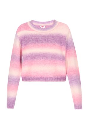 Maglione all'uncinetto in sfumature di rosa e viola, con scollatura tonda e polsini a coste, caratterizzato da una texture morbida e un design cropped.
