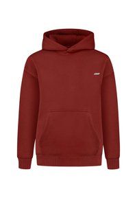 Felpa rossa in cotone con tasca anteriore, polsini e orlo a coste. Presenta un piccolo logo bianco nella zona sinistra del petto. Morbida, con texture spazzolata.
