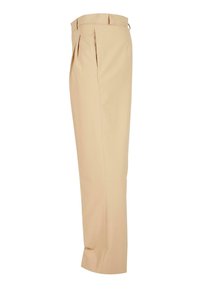 Beige maßgeschneiderte Hosen mit geradem Bein, verziert mit vorderen Falten, einer glatten Textur und einem Bund für den Verschluss.