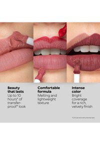 Trois gros plans de lèvres appliquant différentes teintes de rouge à lèvres liquide mat avec des applicateurs, mettant en valeur la texture, la couleur et la couvrance.