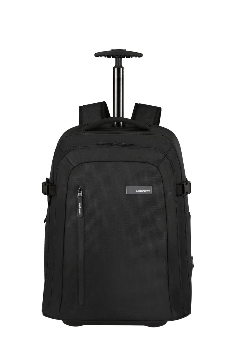Black rolling backpack with a retractable handle, textured fabric, multiple zippers, adjustable straps, and side compression buckles.