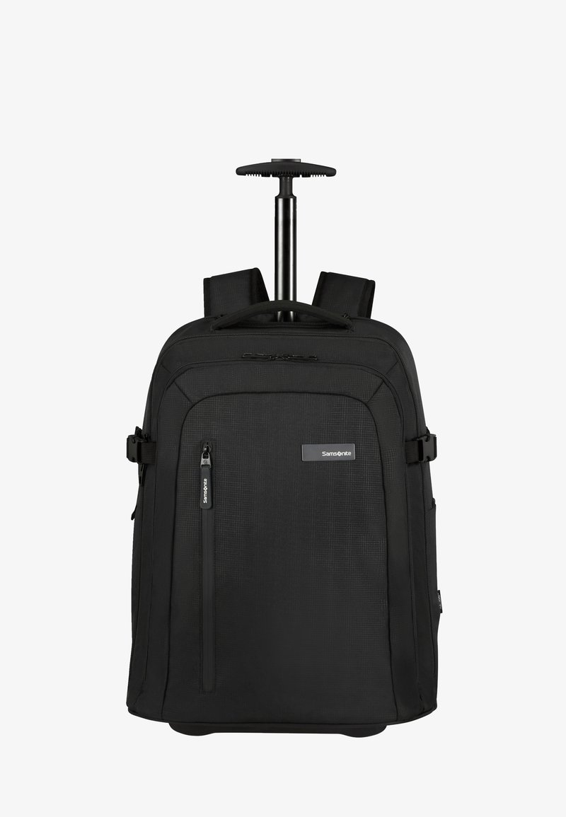 Black rolling backpack with a retractable handle, textured fabric, multiple zippers, adjustable straps, and side compression buckles.