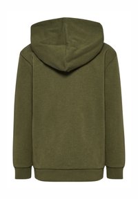 Sweat à capuche kaki olive à manches longues, poignets côtelés, et capuche, présenté de dos sur fond blanc.