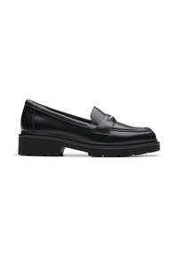 Mocassino da donna in pelle nera con suola grossa e decorativo cinturino sulla parte superiore, esposto in profilo laterale su sfondo bianco.