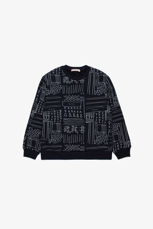 Svart sweatshirt med vita abstrakta mönster, ribbade ärmslut och nederkant, rund halsringning och avslappnad passform. Tillverkad av mjukt, andningsbart tyg.
