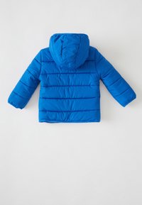 Jasnoniebieska, ocieplana kurtka zimowa z przymocowanym kapturem, widoczna od tyłu na jednolitym jasnym tle.