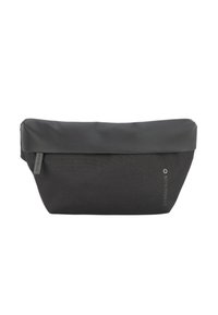 Borsa nera, rettangolare, con un cappuccio superiore liscio, caratterizzata da un logo del marchio su un lato. Adatta per viaggi o per l'organizzazione.