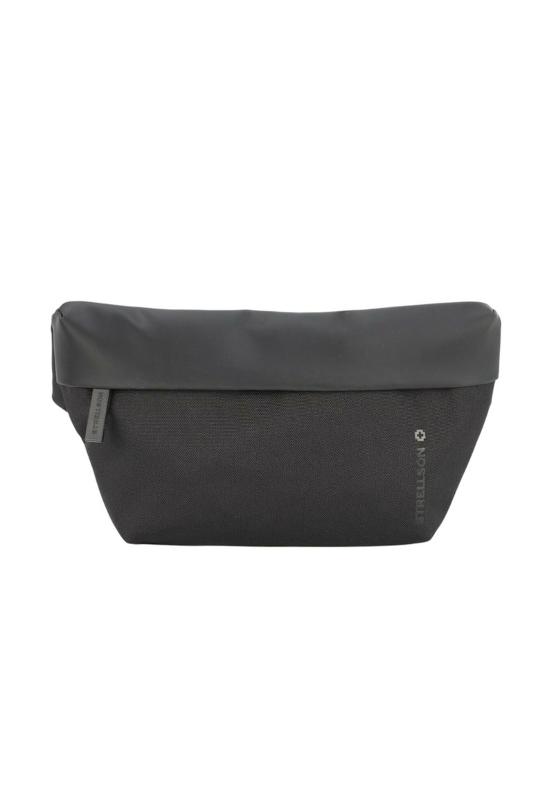 Borsa nera, rettangolare, con un cappuccio superiore liscio, caratterizzata da un logo del marchio su un lato. Adatta per viaggi o per l'organizzazione.