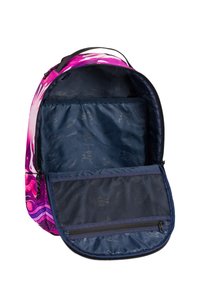 Zaino con un vivace design rosa e viola; scomparto principale con fodera blu marina e tasca con zip in rete per un'organizzazione ottimale.