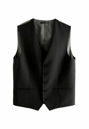 Gilet nero con scollo a V, chiusura frontale a cinque bottoni, due tasche laterali e foderato in satin liscio. Design su misura e forma strutturata.