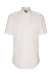 Kortbij witte shirt gemaakt van gladde stof, met een klassieke kraag, knoopsluiting aan de voorkant en twee borstzakken met kleppen.