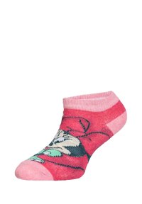 Calzino alla caviglia di un rosa vivace con un motivo di personaggi dei cartoni animati, dotato di un accento verde e un design a coste in contrasto.