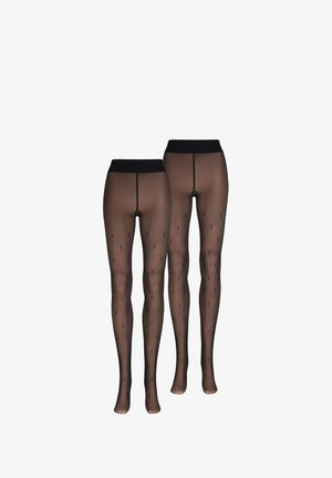 Schwarze transparente Strumpfhose mit einem breiten schwarzen Bund, versehen mit kleinen, diamantförmigen Mustern entlang der Beine. Glatte Textur, leichtes Design.