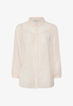 Hellrosa semitransparente Bluse mit langen Puffärmeln, spitzem Kragen, Knöpfen vorne und zarten gestickten Mustern.