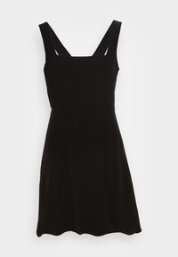 Black sleeveless dress with wide straps, a square neckline, and a flared hem featuring a scalloped edge. Made of soft, textured fabric.