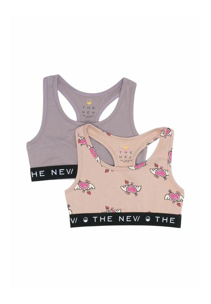 To sports-bh'er: en lys lilla med racerback-design og en ferskenfarvet med hjerte- og vingeprint, begge med en sort mærkevare-elastik.