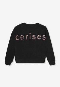 Sweatshirt noir avec le texte rose "cerises" au dos, présentant un design texturé et légèrement en relief. Col rond classique et poignets côtelés.