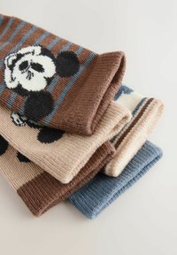 Pletene nogavice v rjavi, bež in modri barvi. Imajo črtaste vzorce in motiv Mickeyja Mousea na rjavi pari. Tkani material.