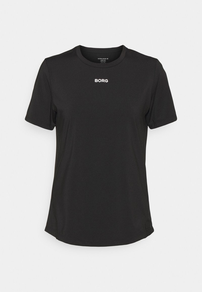 Schwarzes T-Shirt mit kurzen Ärmeln aus glattem Stoff, ausgestattet mit einem runden Halsausschnitt und einem weißen "BORG"-Logo auf der Brust.