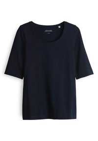 T-shirt noir à manches courtes avec col rond, en tissu lisse, présenté à plat sur fond blanc.