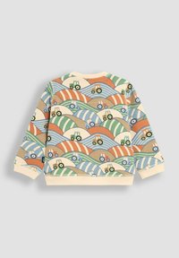 Baumwoll-Sweatshirt mit einem mehrfarbigen Wellenmuster, das Traktoren zeigt. Die Farben umfassen Beige, Grün, Blau und Orange. Mit Rundhalsausschnitt.