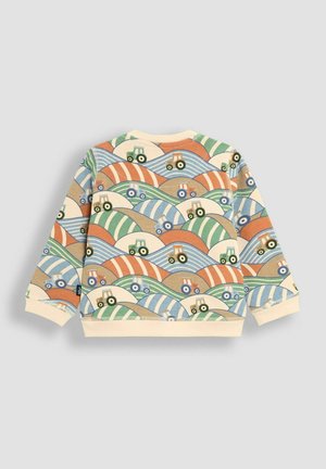 Cotton sweatshirt featuring a multicolored wave pattern with tractors. Colors include beige, green, blue, and orange. Crew neck design.