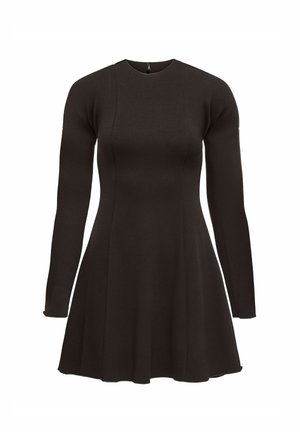 Abito lungo nero a maniche lunghe con scollatura rotonda, gonna svasata e tessuto morbido e testurizzato. Presenta un corpetto aderente e un design minimalista.