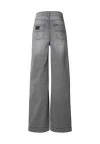 Harmaat denimin leveälahkeiset housut, joissa on korkea vyötärö, takataskut ja sileä pinta hieman haalistuneella viimeistelyllä.