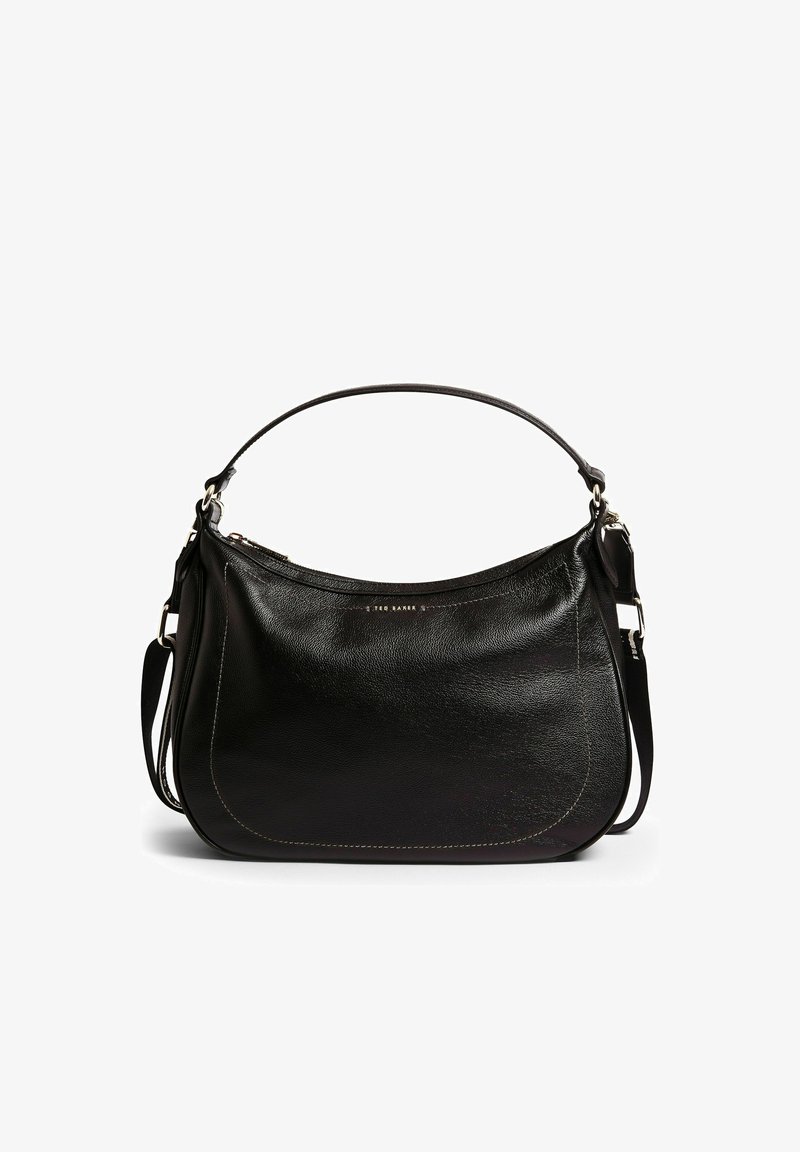 Sac à épaule en cuir noir au design incurvé, fermeture éclair supérieure et bandoulière réglable. Présente des détails de couture subtils et un accent en métal poli.
