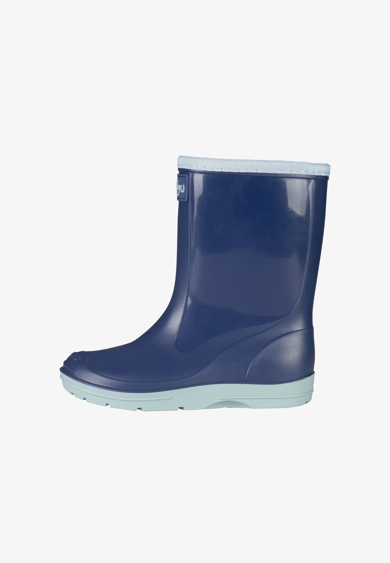 Stivale alla caviglia in gomma blu navy con costina in tessuto azzurro. Finitura liscia, punta tonda e suola azzurro chiaro.