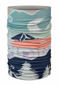 Buff multifunctional headwear, featuring light blue, navy, pink, and white abstract mountain and forest patterns on stretchy fabric.