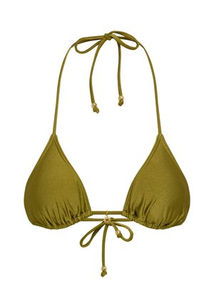 Oliivinvihreä kolmiobikinin yläosa kiiltävästä materiaalista. Säädettävät nauhat, joissa kultaiset helmiäiskoristeet, ja kuppien rypytysdetailit.