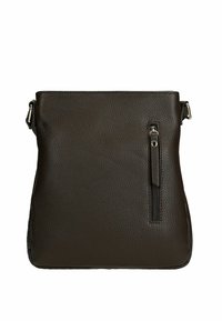 Borsa a tracolla in pelle marrone con finitura testurizzata, chiusura superiore con zip e tasca laterale con zip. Caratterizzata da tracolla regolabile e design minimalista.