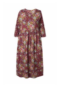 Vestido floral con fondo burdeos, flores rosas y azules, escote en V, mangas largas y diseño de cintura fruncida.