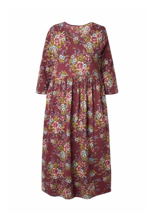 Abito floreale con sfondo bordeaux e fiori rosa e blu, scollo a V, maniche lunghe e design con vita arricciata.